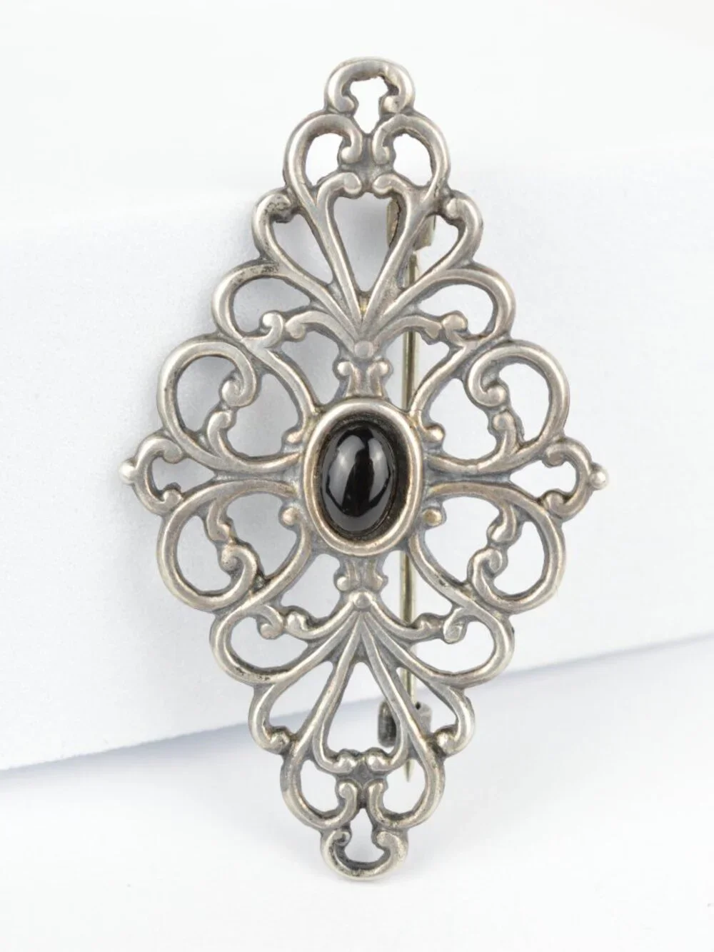 Vintage Sterling Silver Black Onyx Filigree Brooch Pin Victorian Revival 1.75